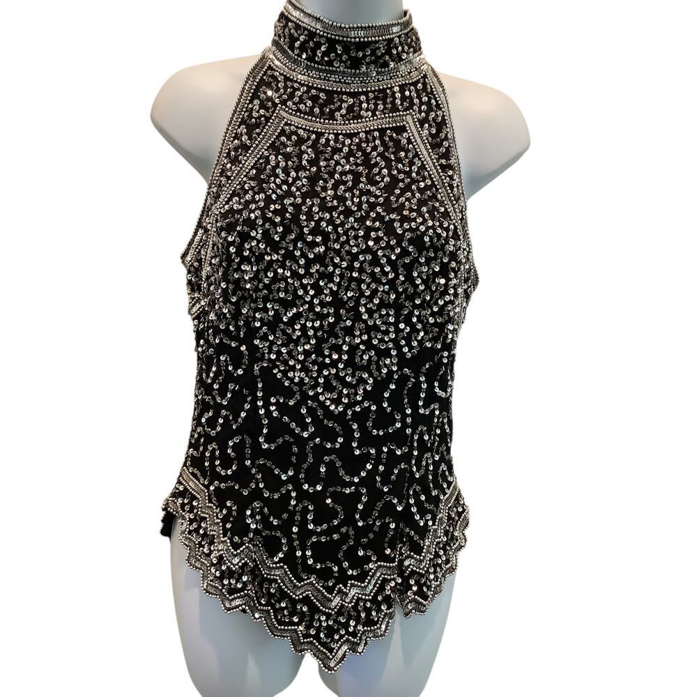 STYLEWORKS VINTAGE BLACK SILK SEQUIN AND BEADED EVENING WEAR TOP S NEW